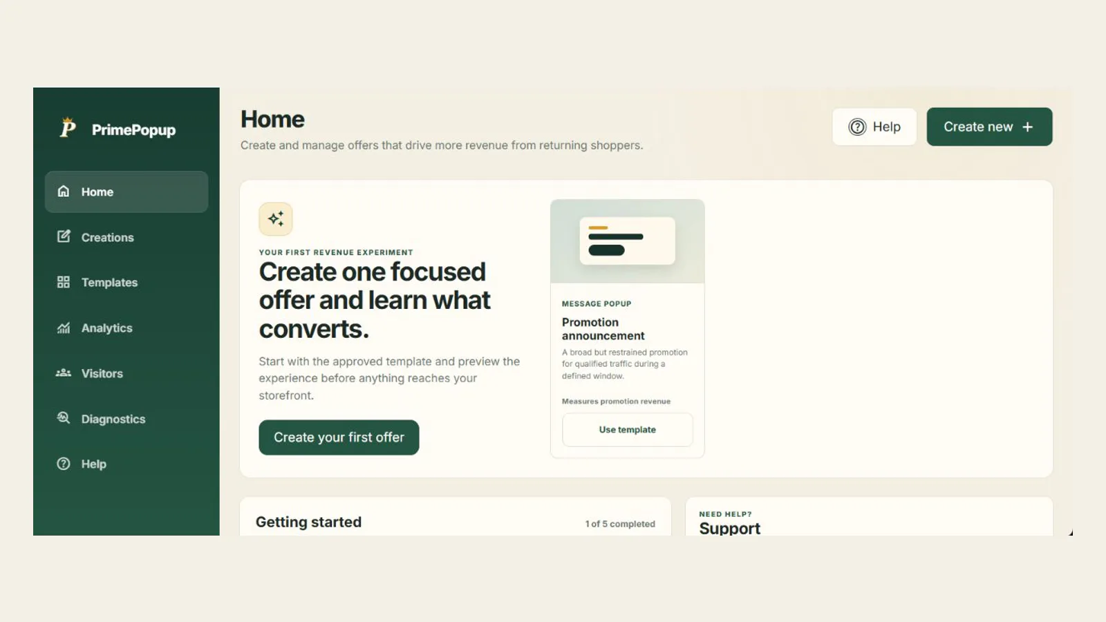 PrimePopup Home showing the creation workflow, navigation, and getting-started guidance