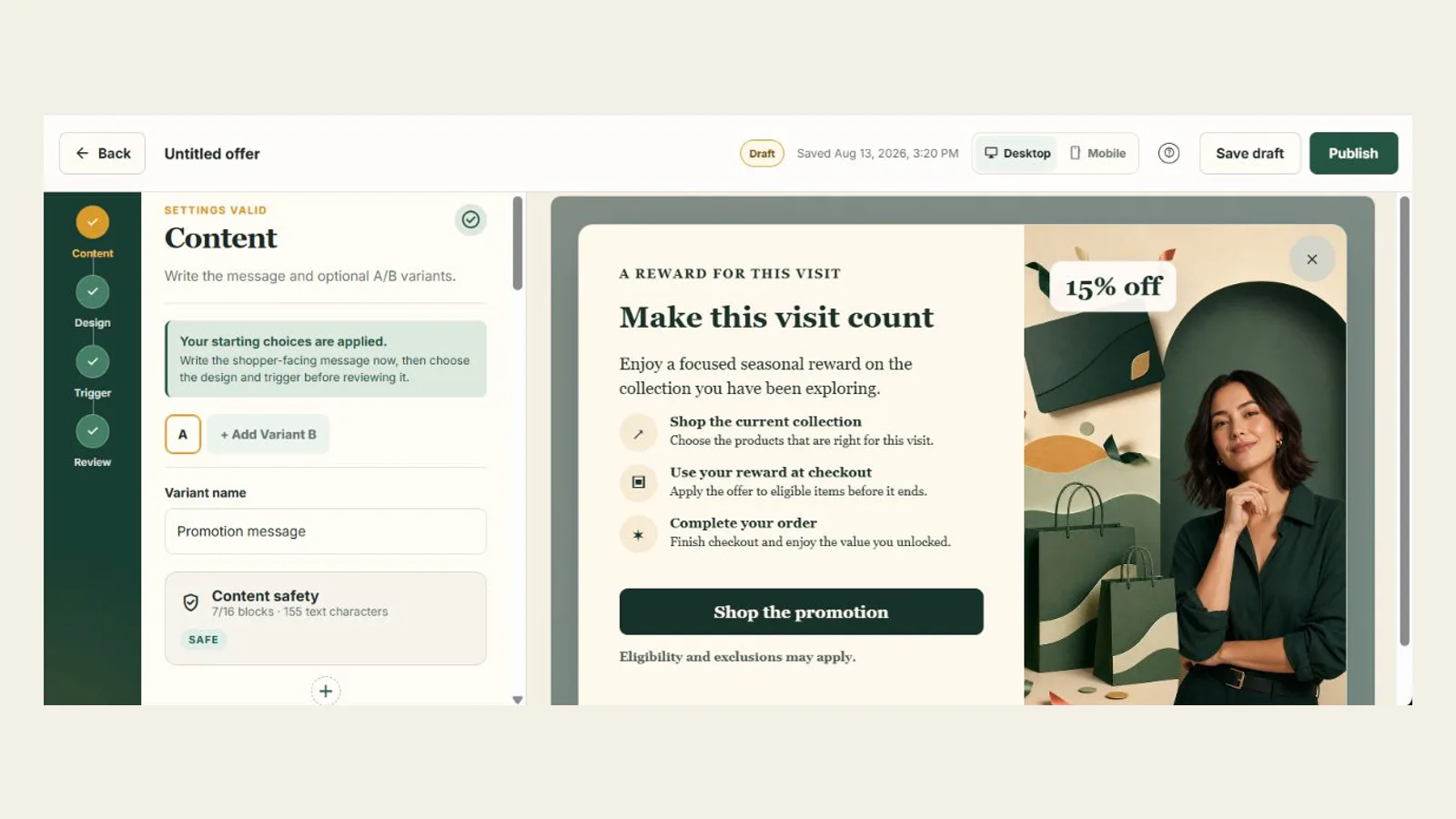 PrimePopup Creation Studio showing a promotion popup beside its editable content settings