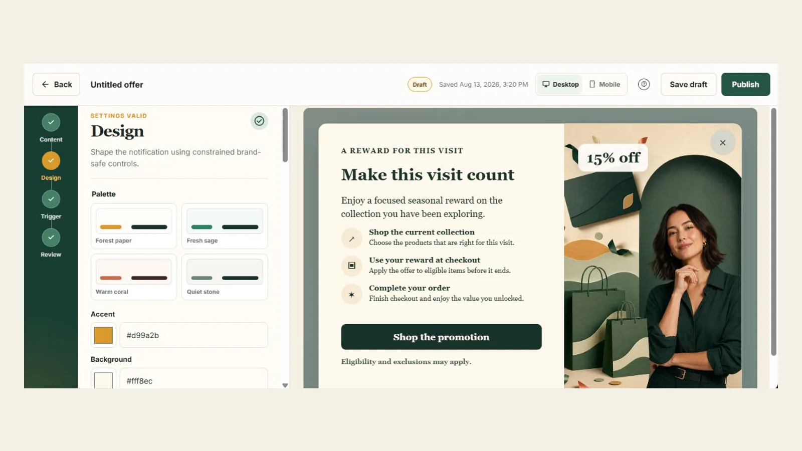 PrimePopup Design stage showing guarded palette and appearance controls beside a live promotion preview